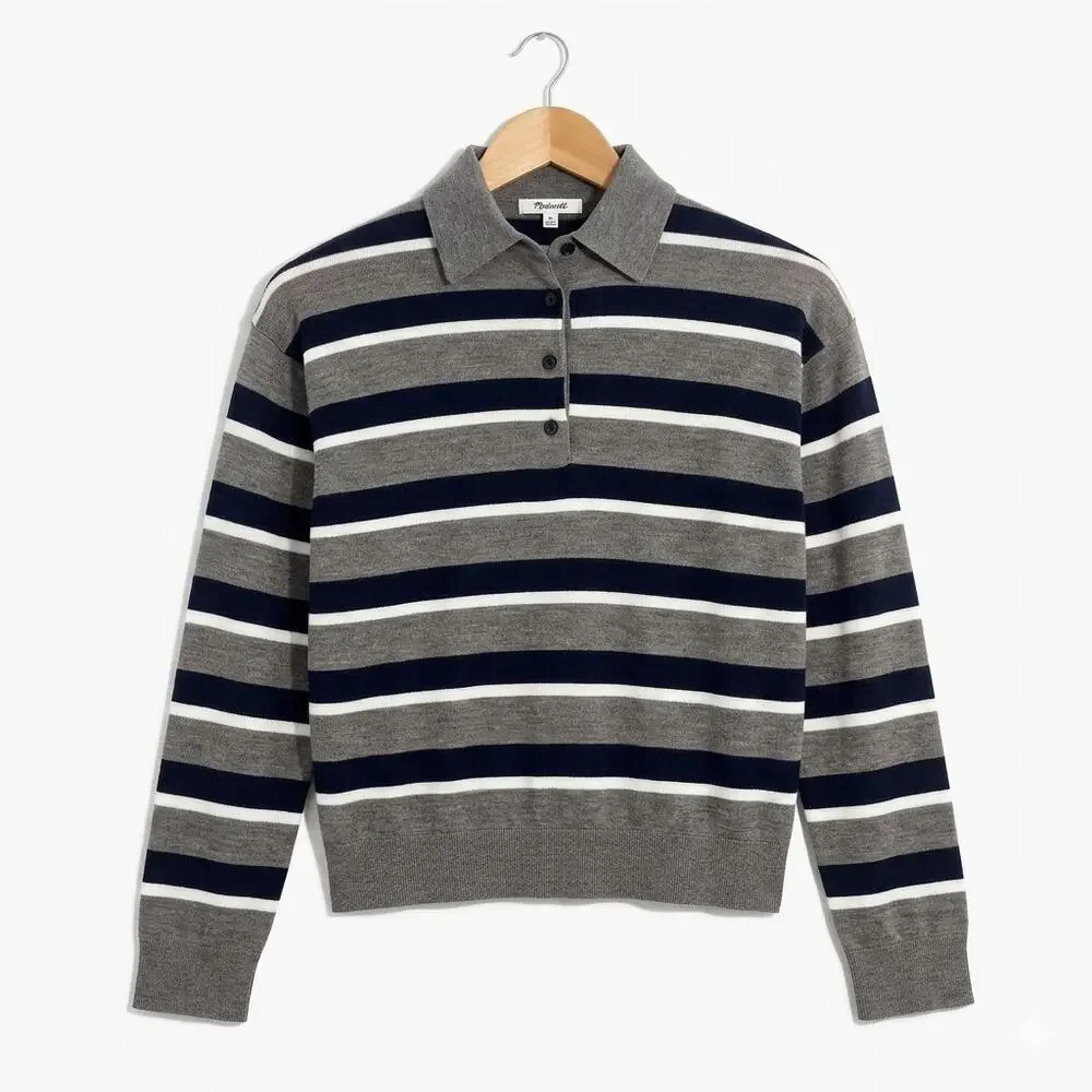 Madewell Drop Shoulder Polo Sweater 100% Merino Wool Womens XXS Gray Blue NWT